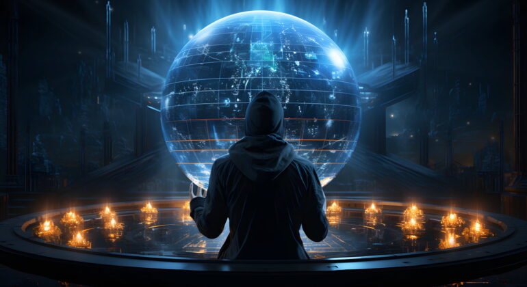man looking at the cyber planet