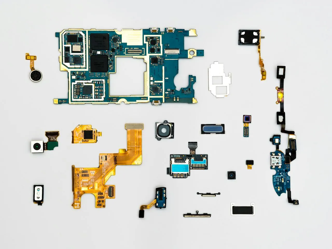 disassembled motherboard by parts
