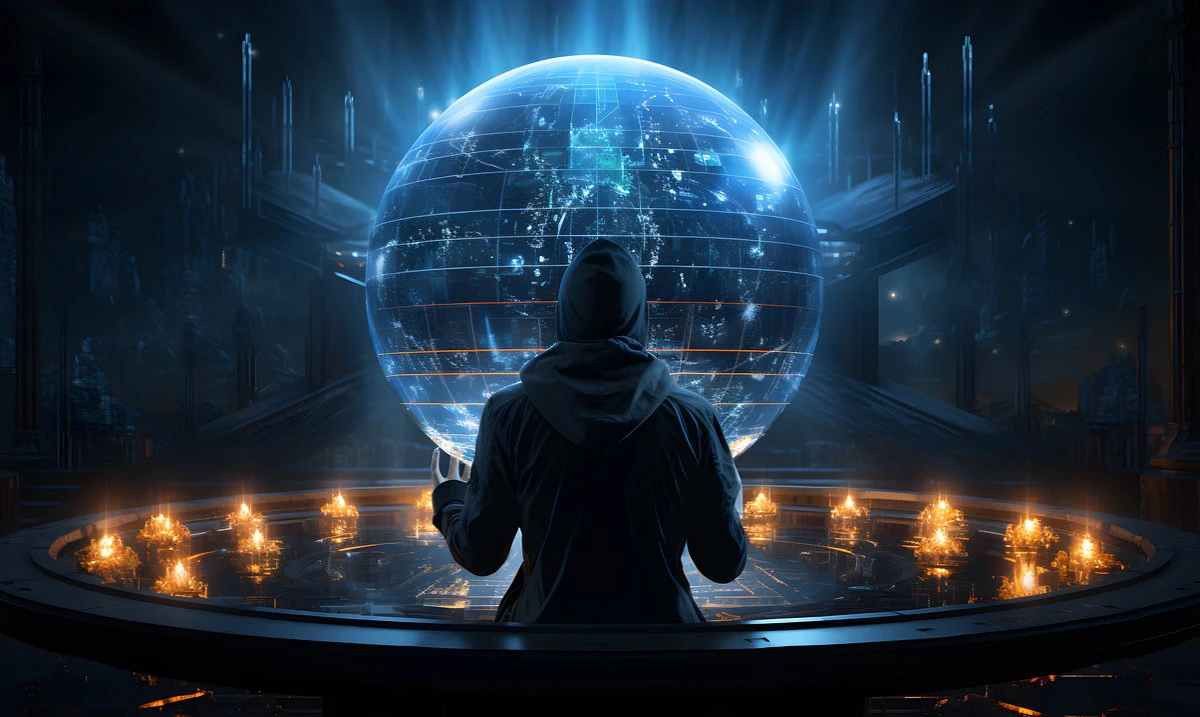 man looking at the cyber planet